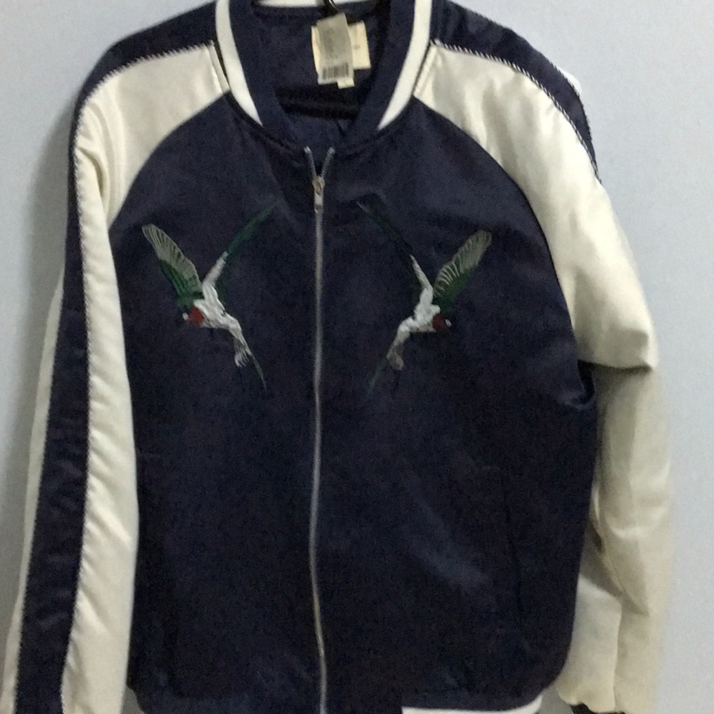 Silence  + Noise Jacket blue and white with two embroidered birds
